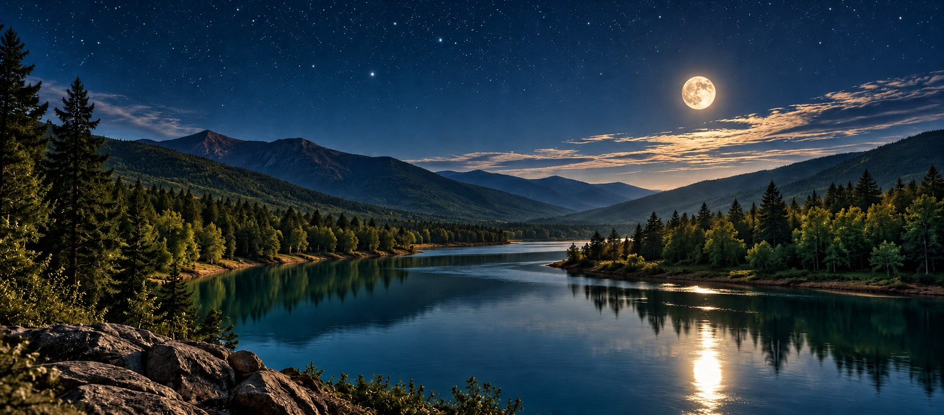 Moonlight reflected on a river between forested hills