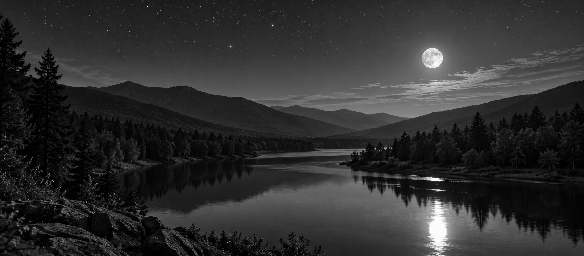 Moonlight reflected on a river between forested hills